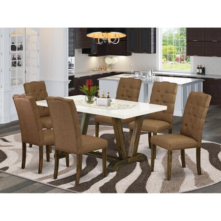 East West Furniture 7 Piece V-Style Small Dining Table Set - Brown Smoke V726EL718-7